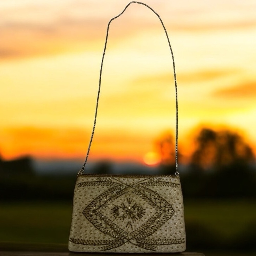 Vintage La Regale Cream and Gold Beaded Evening Crossbody Bag